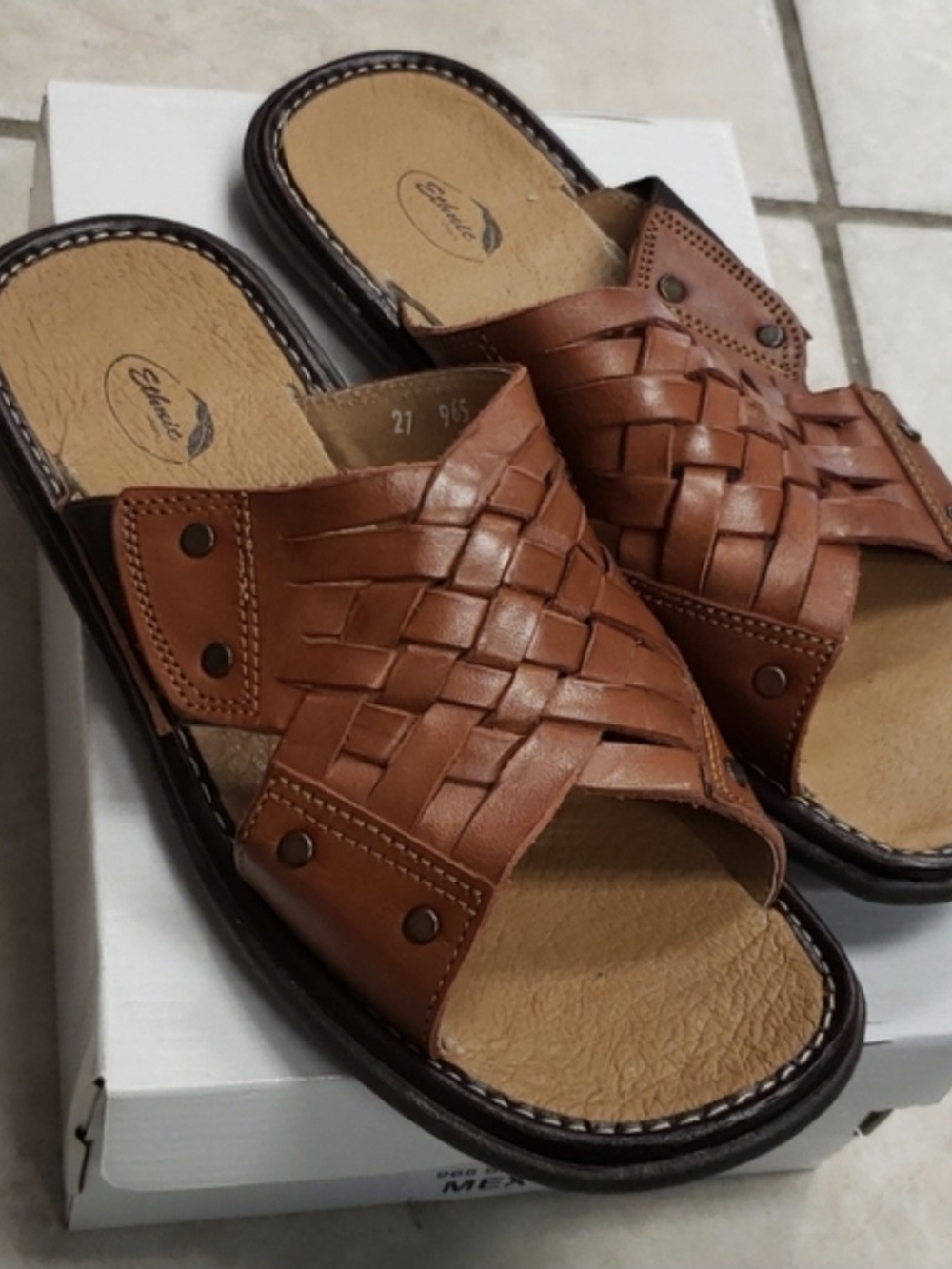 Men's Brown Woven Leather Slide Sandals by (Tan Upper)